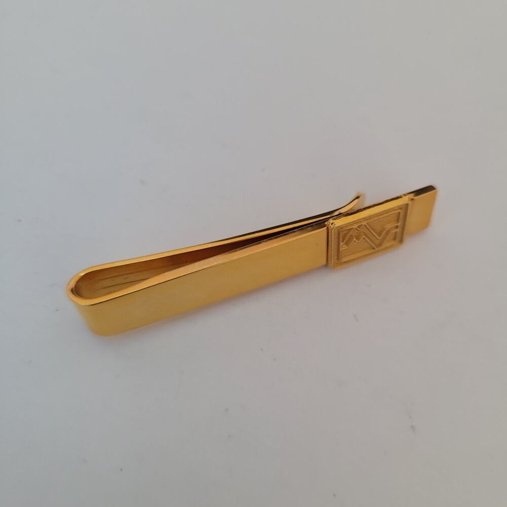 Mario Valentino MV USA Vintage Tack Tie Clasp Clip Bar Gold Retro Logo Rectangle - Picture 4 of 6